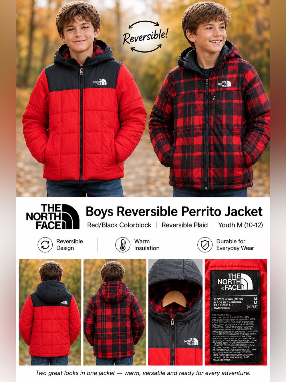 The North Face Boys Reversible Perrito Jacket Red Plaid Youth M 10-12